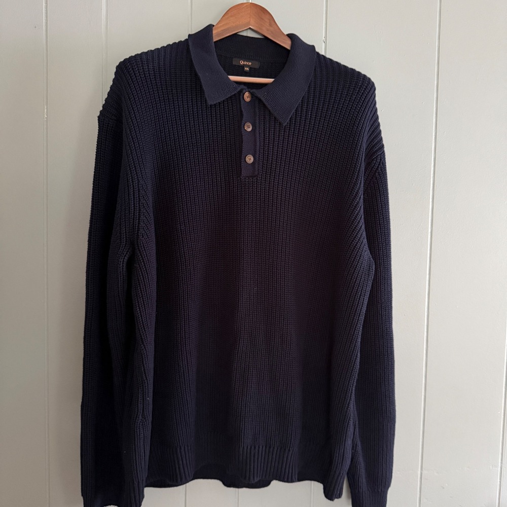 Quince Men's Organic Cotton Fisherman Polo Sweater Navy Blue XXL Ribbed Chunky